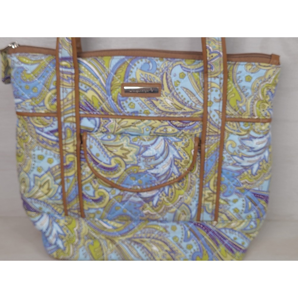 Longaberger Homestead Blue Green Paisley Quilted Tote Bag Faux Leather Trim View 2